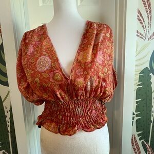 Rachel Zoe Red Floral Smocked Blouse